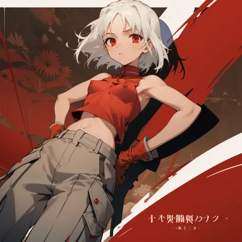 ((highest quality)), ((masterpiece)), (Familiar), Canaan, 1 girl, alone, Silver Hair,Brown Skin,Red eyes,Long trousers,Red sleeveless,Clothes with a visible back, thin,thin,short hair,Small breasts, Erect nipples,  No bra, gloves, Hands on hips