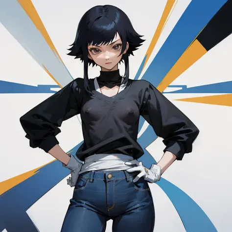 ((highest quality)), ((masterpiece)), (Familiar),  BLEACH,Soi Fon, 1 girl, alone,  Erect nipples, Black Hair,Slanted Eyes, Black clothes,Black Shirt,jeans, thin,thin,short hair with long locks, short hair, Small breasts, gloves, Hands on hips