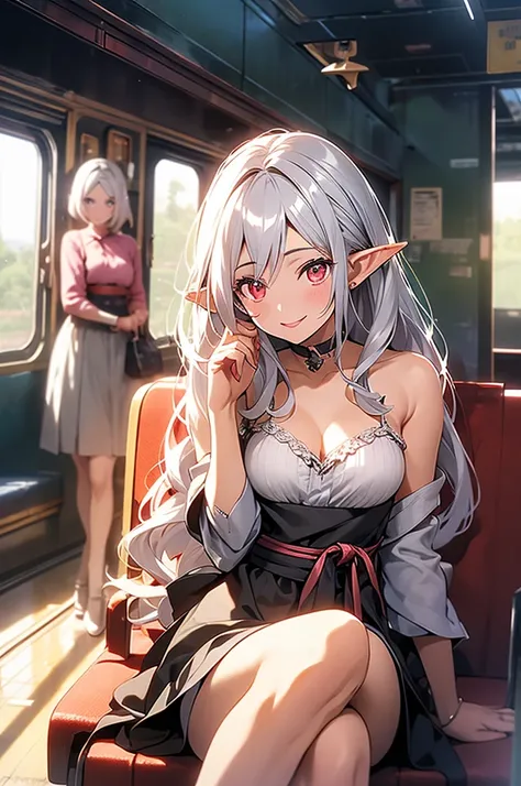 An elf woman, very dark tanned skin, beautiful silver hair, pointy ears, beautiful red eyes, pink lips, traveling, in an old train, sitting on an old train seat, looking out the train window, smiling , neat clothes, long skirts