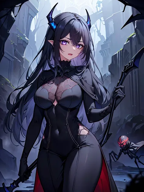 (Uhd, Masterpiece, Textured Skin, Super Detail, High Details, High Quality, Best Quality), Detailed Face, 1woman, mature pretty woman, ((wide hips, thick thighs)), ((Long Dark Blue eyes hair)), ((Black Sexy Rpg dress), (Pants), (Spider, Web, Silk), Thin Ho...