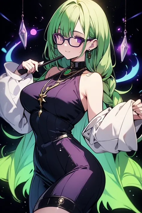 A green haired woman with purple eyes with an hourglass figure with glasses in a purple sweatshirt dress is getting ready to stream on twitch