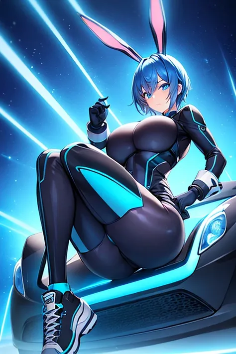 1girl, wide hips, large breasts, blue hair, short hair, very short hair, blue eyes, bodysuit, black bodysuit, futuristic, machinery, science-fiction, tech, shoes, sneakers, neon trim, blue neon trim, full body, bunny ears, rabbit ears, light smile, happy, ...