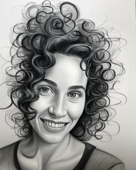 drawing with charcoal pencils, 4k, drawing of a woman with a big smile on her face, cartoon!!!, self - portrait!!!!, artist sketch, inspired by Nil Gleyen, portrait!!!!!!, ( (portrait)), art, charcoal portrait, pencil and charcoal, realistic sketch, art sk...