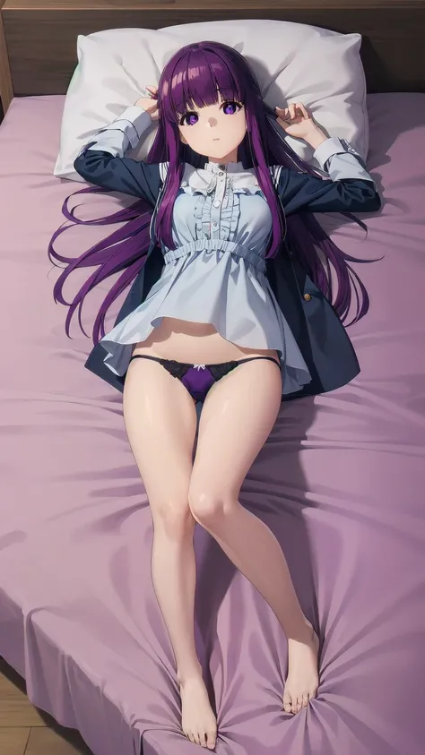 (((Pixel Perfect, Perfect detail))), One girl, alone, From above, Fern, Long Hair, bangs, (Purple eyes:1.1), Purple Hair, Side Lock, blunt bangs, (Bright Eyes:1.5), Half Up, ( showing panties:1.3), (Lying in bed:1.3), ((full body))