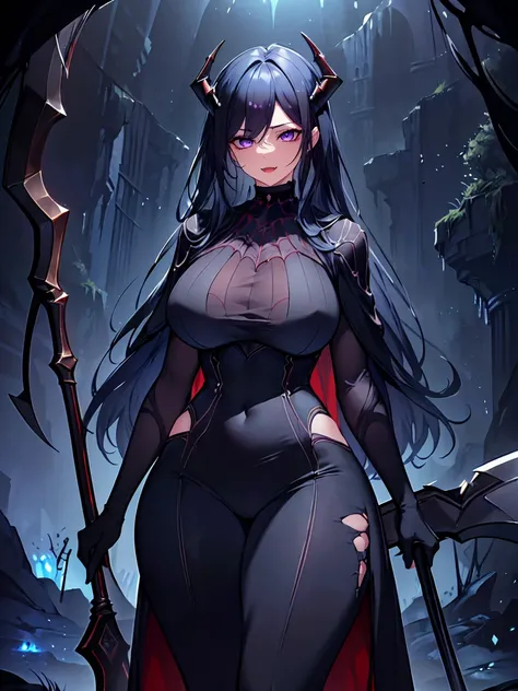 (Uhd, Masterpiece, Textured Skin, Super Detail, High Details, High Quality, Best Quality), Detailed Face, 1woman, mature pretty woman, ((wide hips, thick thighs)), ((Long Dark Blue eyes hair)), ((Black Sexy Rpg dress), (Pants), (Spider, Web, Silk), Thin Ho...