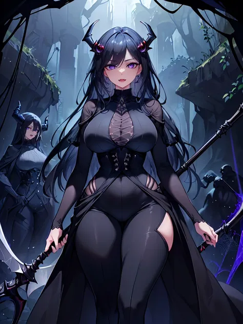 (Uhd, Masterpiece, Textured Skin, Super Detail, High Details, High Quality, Best Quality), Detailed Face, 1woman, mature pretty woman, ((wide hips, thick thighs)), ((Long Dark Blue eyes hair)), ((Black Sexy Rpg dress), (Pants), (Spider, Web, Silk), Thin Ho...