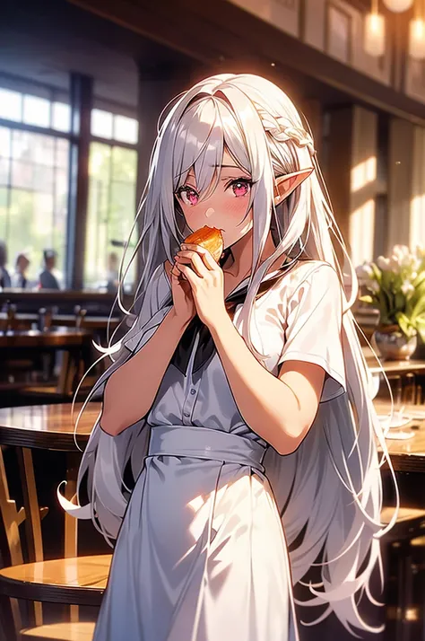 1 elf woman, very dark tanned skin, beautiful silver hair, pointed ears, beautiful red eyes, pink lips, restaurant, eating salad, white blouse, long blue skirt