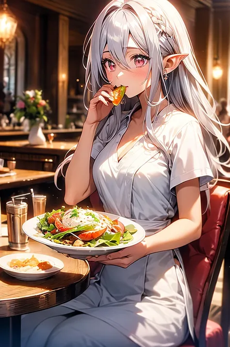 1 elf woman, very dark tanned skin, beautiful silver hair, pointed ears, beautiful red eyes, pink lips, restaurant, eating salad, white blouse, long blue skirt