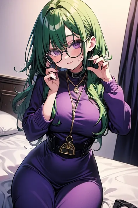 A green haired woman with purple eyes with an hourglass figure with glasses in a purple sweatshirt dress is  playing with her hair in a bedroom