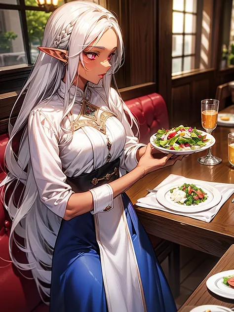 1 elf woman, very dark tanned skin, beautiful silver hair, pointed ears, beautiful red eyes, pink lips, restaurant, eating salad, white blouse, long blue skirt