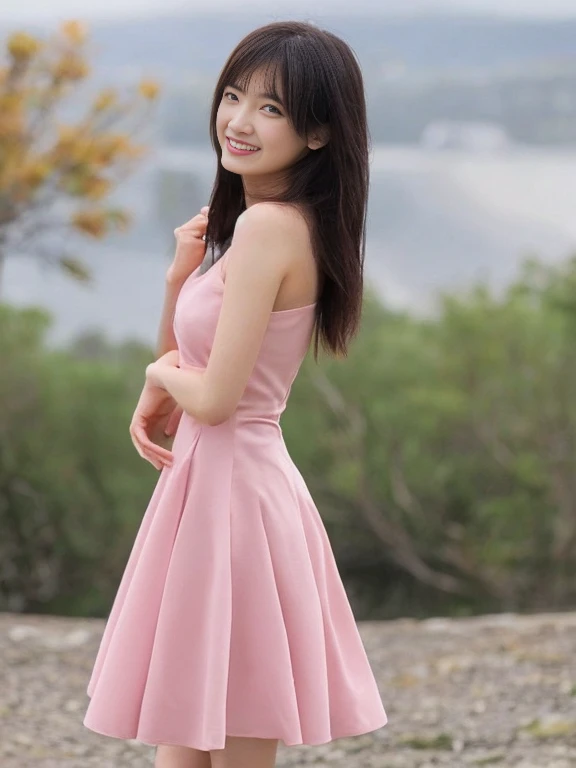 Japanese　beautiful girl　smile　Slim figure　Distinct facial features　Backwards　Cute Woman　Long Hair　Gazing into the distance　Full body photography　Pink dress