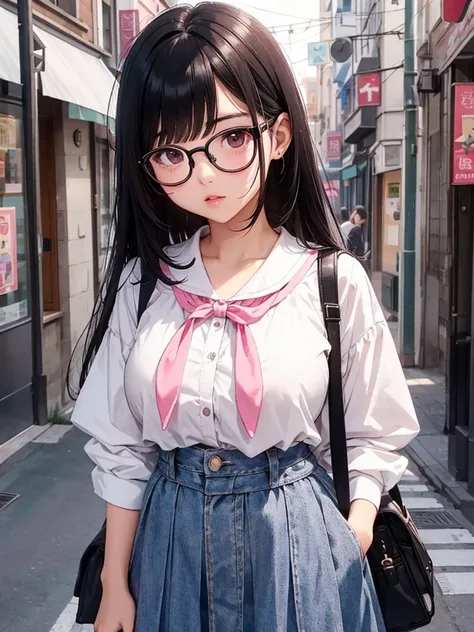 high school girl、Round Glasses、White skin、Pink plump lips、Black Hair、Straight Hair、Bob、Depiction of the upper body、View your viewers、Blushing、Open your lips、Highest quality、Retro townscape