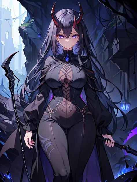 (Uhd, Masterpiece, Textured Skin, Super Detail, High Details, High Quality, Best Quality), Detailed Face, 1woman, mature pretty woman, ((wide hips, thick thighs)), ((Long Dark Blue eyes hair)), ((Black Sexy Rpg dress), (Pants), (Spider, Web, Silk), (Oni Ho...