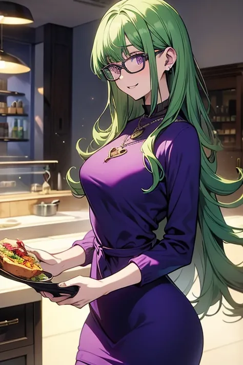 A green haired woman with purple eyes with an hourglass figure with glasses in a purple sweatshirt dress is  making a quick lunch