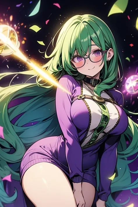 A green haired woman with purple eyes with an hourglass figure with glasses in a purple sweatshirt dress is  blushing in a flurry of confetti