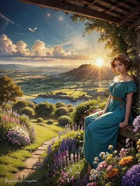 A breathtaking photorealistic oil painting by Greg Rutkowski, inspired by Alphonse Mucha and the Studio Ghibli aesthetic, capturing a beautiful British woman [Elizabeth II:Maude Adams:0.4] with short, curly ginger hair. She stands atop a hill, gazing at th...