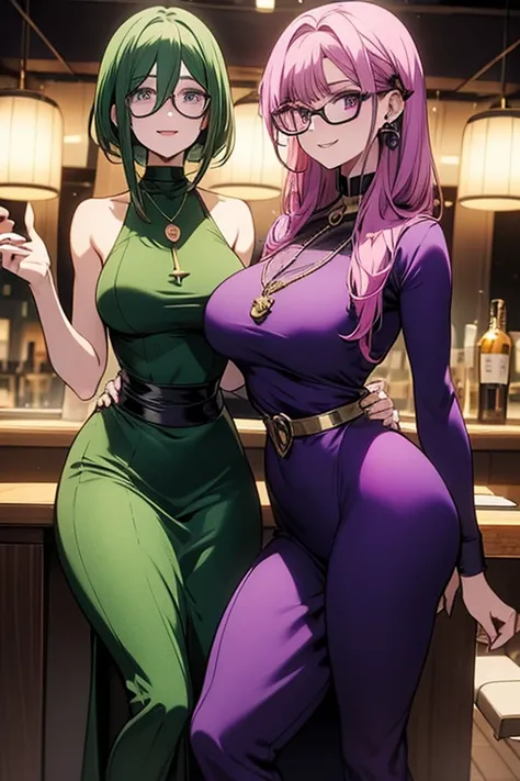 A green haired woman with purple eyes with an hourglass figure with glasses in a purple sweatshirt dress is posing with a pink haired woman with violet eyes with an hourglass figure in a fancy restaurant