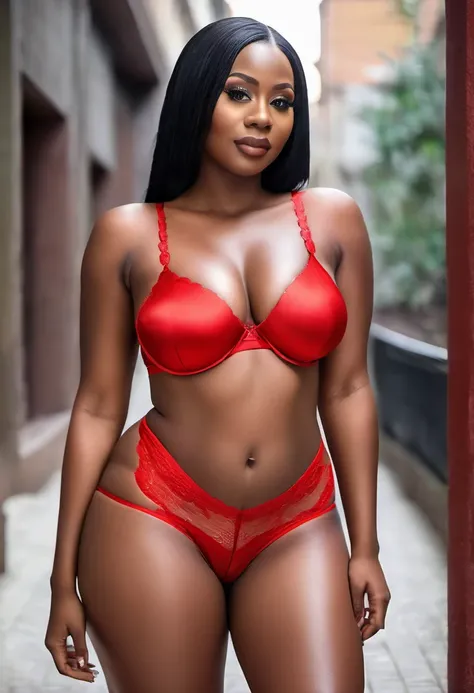 Beautiful Congolese woman big butt and big busty chest dressed in ultra realistic red sexy lingerie 