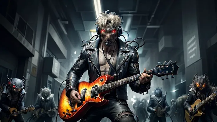 man with intense gaze and disheveled hair, dressed in leather jacket and headphones, faces a horde of snarling demons with glowi...