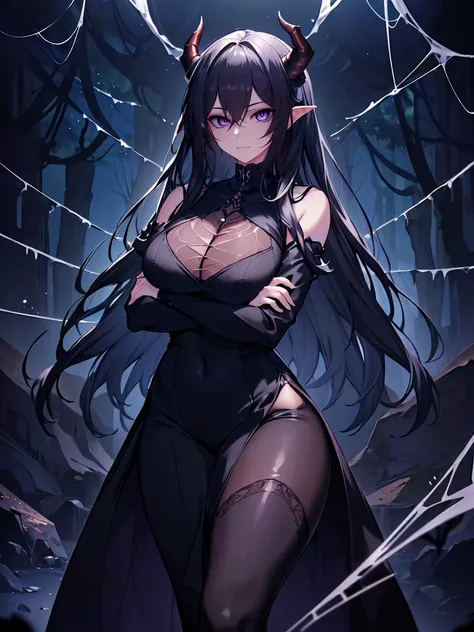 (Uhd, Masterpiece, Textured Skin, Super Detail, High Details, High Quality, Best Quality), Detailed Face, 1woman, mature pretty woman, ((wide hips, thick thighs)), ((Long Dark Blue eyes hair)), ((Black Sexy Rpg dress), (Pants), (Spider, Web, Silk), (Oni Ho...