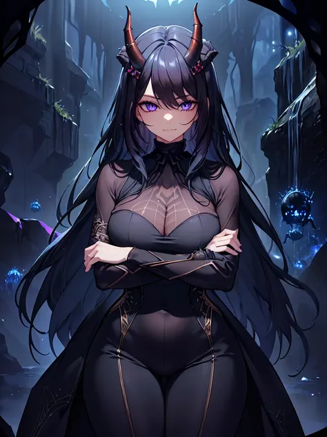 (Uhd, Masterpiece, Textured Skin, Super Detail, High Details, High Quality, Best Quality), Detailed Face, 1woman, mature pretty woman, ((wide hips, thick thighs)), ((Long Dark Blue eyes hair)), ((Black Sexy Rpg dress), (Pants), (Spider, Web, Silk), (Oni Ho...