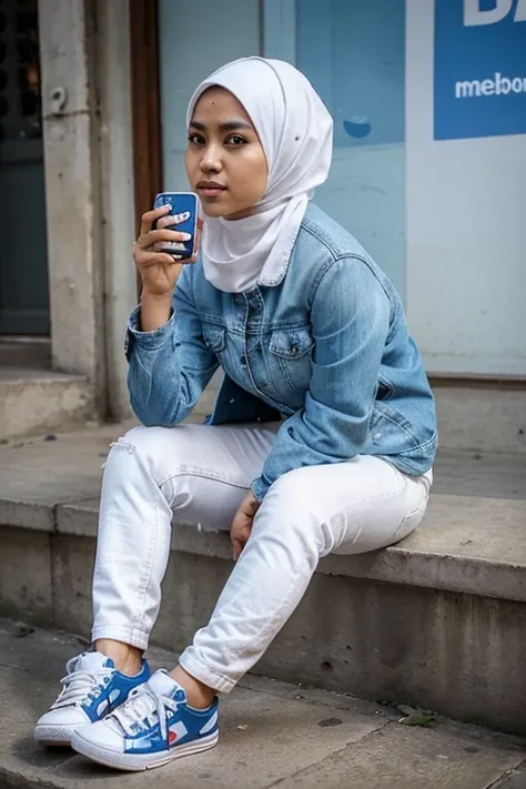 Create a photo of a 30 year old Muslim woman from Indonesia sitting on the Facebook social media logo wearing white sneakers, blue denim jacket, white jeans, background on a Facebook social media page with the name "Okta". Various social media elements are...