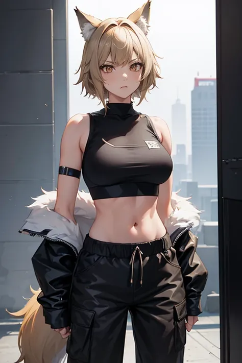 1woman, wolf girl, wolf ears, cyberpunk, camo pants shorts, sports bra, grumpy, tsundere, portrait, arms behind back, hands behind back, dirty blonde hair, short hair, big breasts,