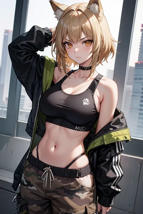 1woman, wolf girl, wolf ears, cyberpunk, camo pants shorts, sports bra, grumpy, tsundere, portrait, arms behind back, hands behind back, dirty blonde hair, short hair, big breasts,