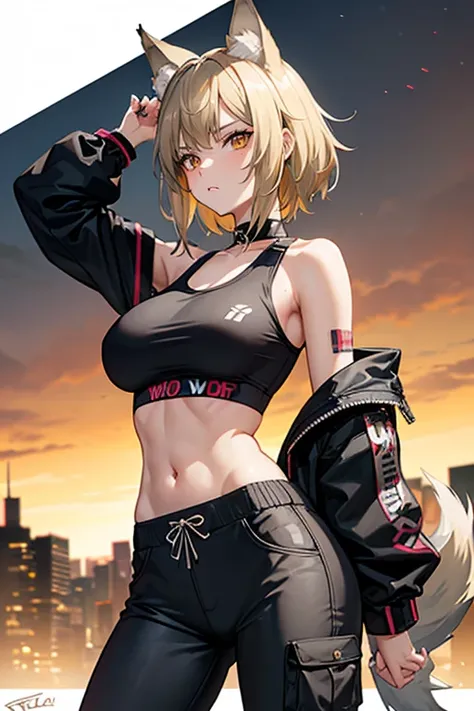 1woman, wolf girl, wolf ears, cyberpunk, camo pants shorts, sports bra, grumpy, tsundere, portrait, arms behind back, hands behind back, dirty blonde hair, short hair, big breasts,