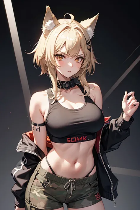 1woman, wolf girl, wolf ears, cyberpunk, camo pants shorts, sports bra, grumpy, tsundere, portrait, arms behind back, hands behind back, dirty blonde hair, short hair, big breasts,