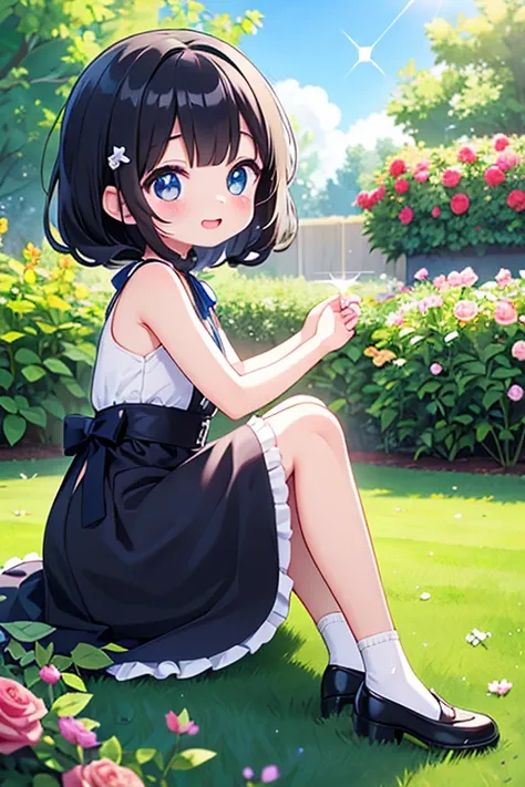 Girls、A neat hairstyle、Cute surreal body bien、Black Hair、(Fine grain、Jewel-like eyes、Sparkling eyes:1.3)、Laughing with your mouth open、blue sky、Cute Shoes、garden、wood々Sunlight shining through、Smell the scent of roses、Shooting from the side