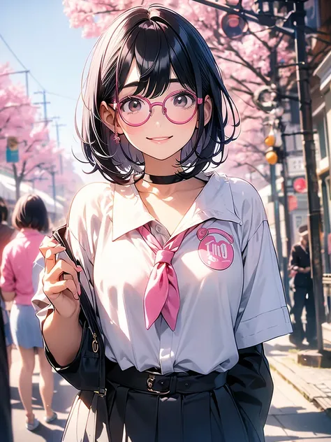 Teenage girl、Retro modern clothing、Pink round glasses、White skin、Pink lips、Black Hair、Straight Hair、Short Bob Hair、Depiction of the upper body、Looking up at the viewer、Smiling Kindly、Open your lips、