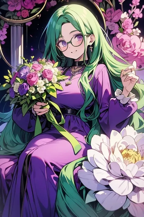 a green haired woman with purple eyes with an hourglass figure with glasses in a purple sweatshirt dress is holding a bouquet of peonies