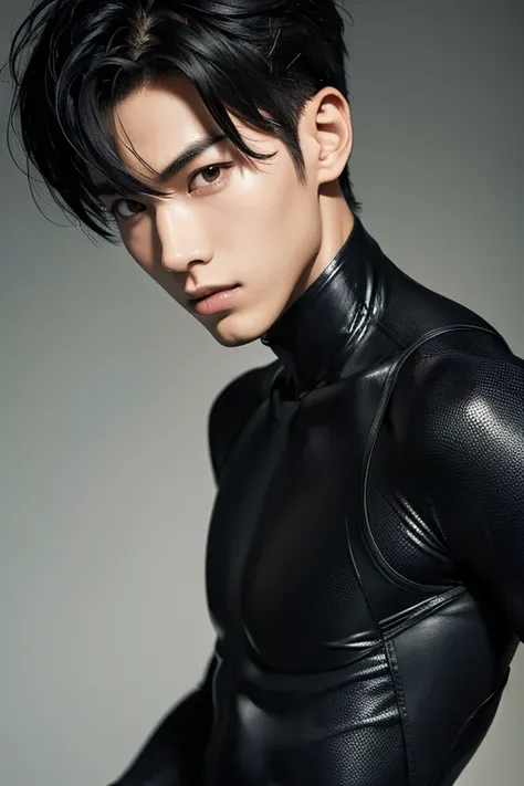 Japanese Male Model　Cool 18 year old　Short black hair　slim and muscular　intense　Bright screen　Close-up image　whole body　suit