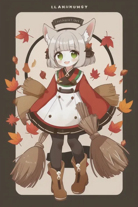 One girl, Book, Animal ears, Green Eyes, smile, Open your mouth, alone, Gray Hair, View your viewers, full boisy, multicoloreis hair, holising, Have, 紅leaf, wiise sleeves, bangs, broom, leaf, Acorns, :is, Long sleeve, blush, Two-tone hair, lanthanum, blunt...