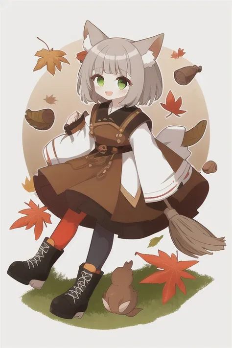 One girl, Book, Animal ears, Green Eyes, smile, Open your mouth, alone, Gray Hair, View your viewers, full boisy, multicoloreis hair, holising, Have, 紅leaf, wiise sleeves, bangs, broom, leaf, Acorns, :is, Long sleeve, blush, Two-tone hair, lanthanum, blunt...