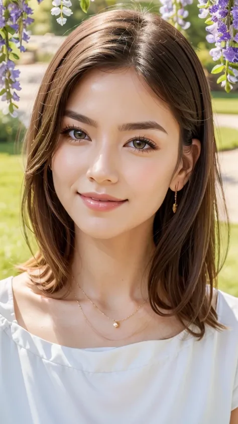 1 25 years old beautiful woman with casual cute hairstyle, A portrait of her standing in the spring sunshine looking up at many beautiful colorful wisteria trellis from below, Real raw photo with super detailed details, (Beautiful smooth glossy bright blon...