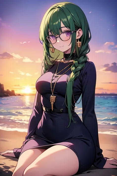 a green haired woman with purple eyes with an hourglass figure with glasses in a purple sweatshirt dress is sitting on a beach during the sunset