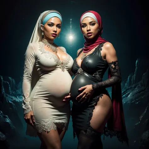 {Perfect Details: (((2 girls:1.5, girls artsy women))) pregnant 9 month (((perfect pregnant))) Malaysian girl ,malay}, The whole body consists of a young girl with hijab, Eye makeup, 21yo, Cat ears, Soft lighting, Solo, Wear shabby clothes, Dirty, Tattered...