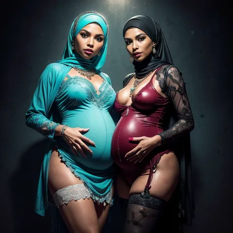 {Perfect Details: (((2 girls:1.5, girls artsy women))) pregnant 9 month (((perfect pregnant))) Malaysian girl ,malay}, The whole body consists of a young girl with hijab, Eye makeup, 21yo, Cat ears, Soft lighting, Solo, Wear shabby clothes, Dirty, Tattered...