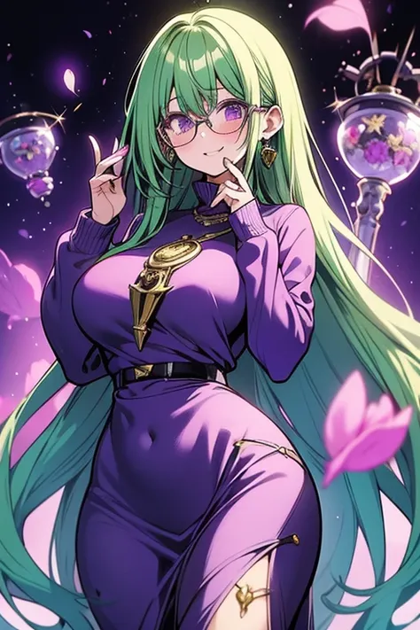 a green haired woman with purple eyes with an hourglass figure with glasses in a purple sweatshirt dress is blushing in a flurry of purple petals