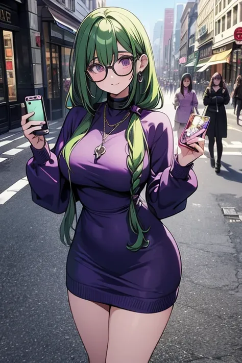 a green haired woman with purple eyes with an hourglass figure with glasses in a purple sweatshirt dress is taking a selfie in  the center of a busy street