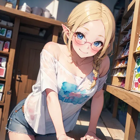 ((watercolor:1.2)), ((little child:1.5)), solo, ((oversized shirt)), shirt, off shoulder, forehead, blue eyes, beautiful detailed eyes, glossy blonde hair, short hair, braid, glasses, elf, ((blush:1.5)), bra line, happy smile, ((leaning forward:1.5))