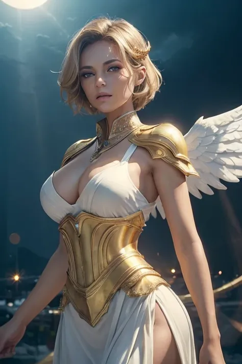 (master piece:1.8), (best quality:1.8), (exquisite lighting and shadow, highly dramatic picture, cinematic lens effect) 8k, wallpaper, looking at the viewer, open arms, female very short gold hair thin and tall fantasy angel lady wearing a smooth and futur...