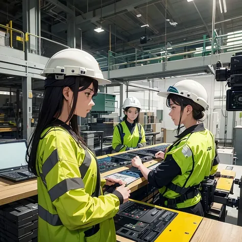 Male and female workers in work clothes among a row of production equipment,The two are wearing helmets to ensure safety.,The man is wearing a green top and grey bottom work uniform, and the woman is wearing a yellow top and bottom work uniform.