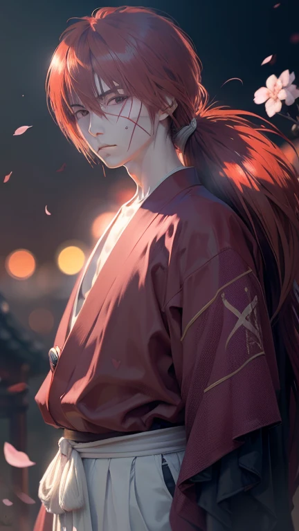 kenshin himura (battousai),portraits,extremely detailed eyes and face,historic samurai,peaceful expression,flowing red hair,dete...