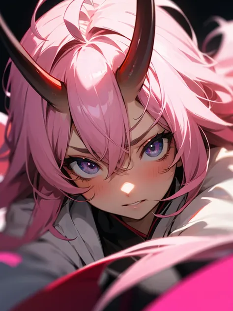 Masterpiece, best quality, expressive eyes, perfect face, 1girl, pink hair, ahoge, heretochromia, grey eyes, oni horns