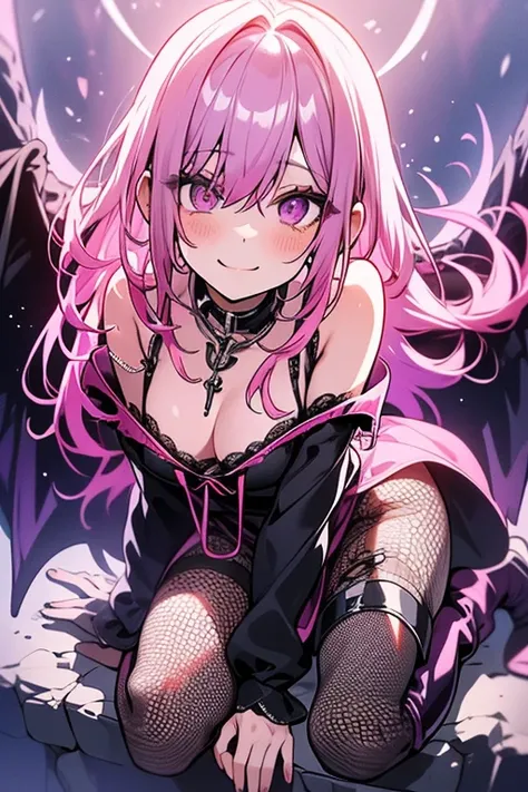 A pink haired woman with violet eyes with an hourglass figure in a sexy lace dress , fishnet tights and boots is blushing while leaning forward