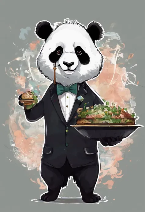 anthropomorphic panda, de cuerpo entero, vestido formalmente con un blazer, sostiene una bandeja, pegatina de panda, sticker de panda.