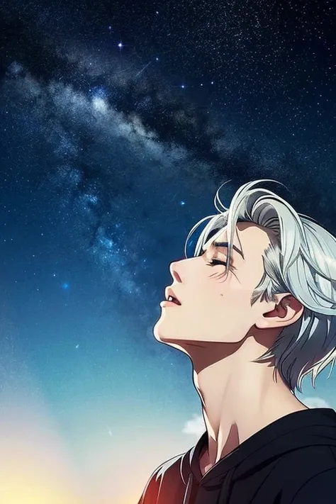 A handsome man looking up at the starry sky, in an anime style, more cool. Two men with silver hair, double eyelids, and closed mouths. The starry sky is better than before. Make the men smaller, more anime-like.